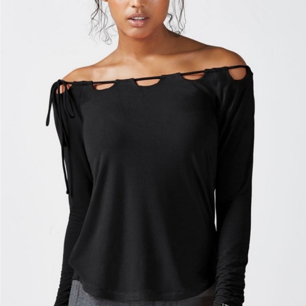 Fabletics Carla Long Sleeve Off Shoulder Scalloped Tie Neck Top XS